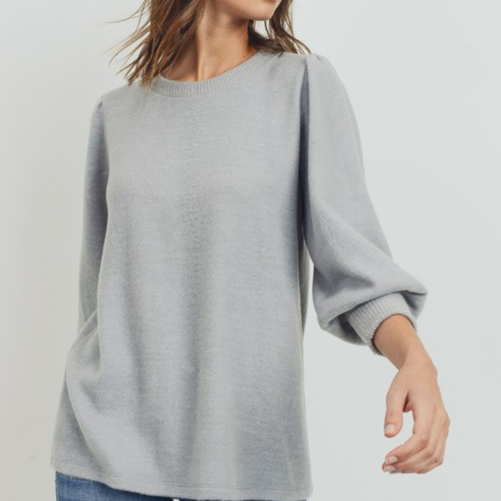 Wool Brush Puff Shoulder Knit Sweater,Heather Gray - Picture 3 of 5